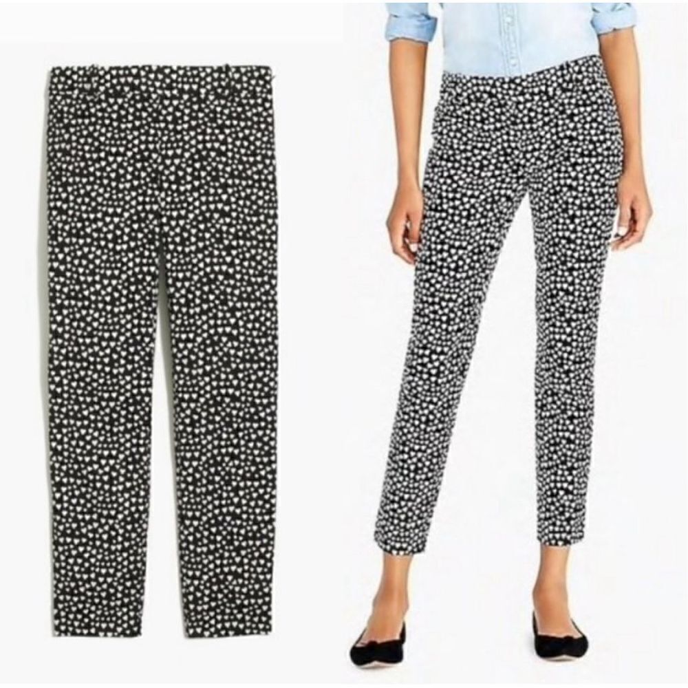 J. Crew Women's Heart Print Winnie Slim Leg Ankle-Length Pants Black White Siz 4